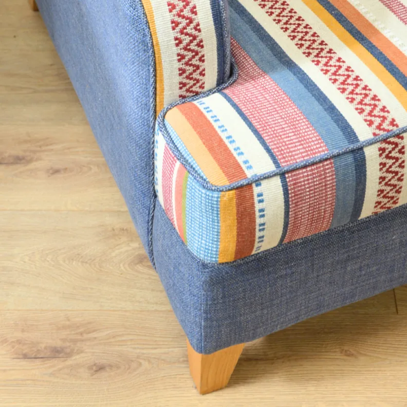 Small Two Seater Sofa Reupholstered in Striped Fabric with Matching Scatter Cushions