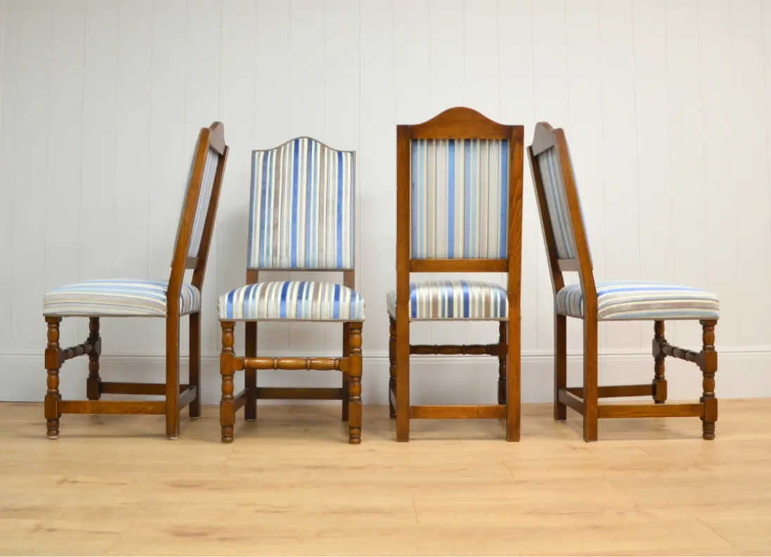 Set of Blue Striped Cut Velvet Reupholstered Dining Chairs