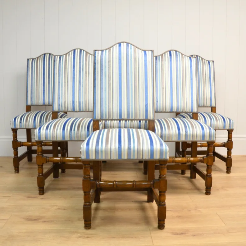 Set of Blue Striped Cut Velvet Reupholstered Dining Chairs