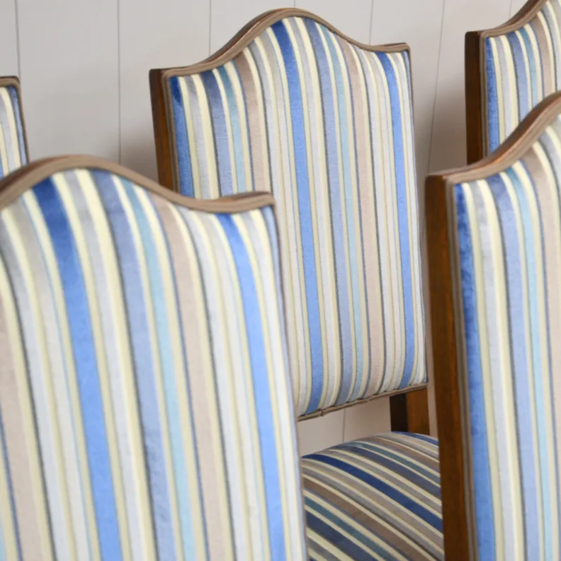 Set of Blue Striped Cut Velvet Reupholstered Dining Chairs
