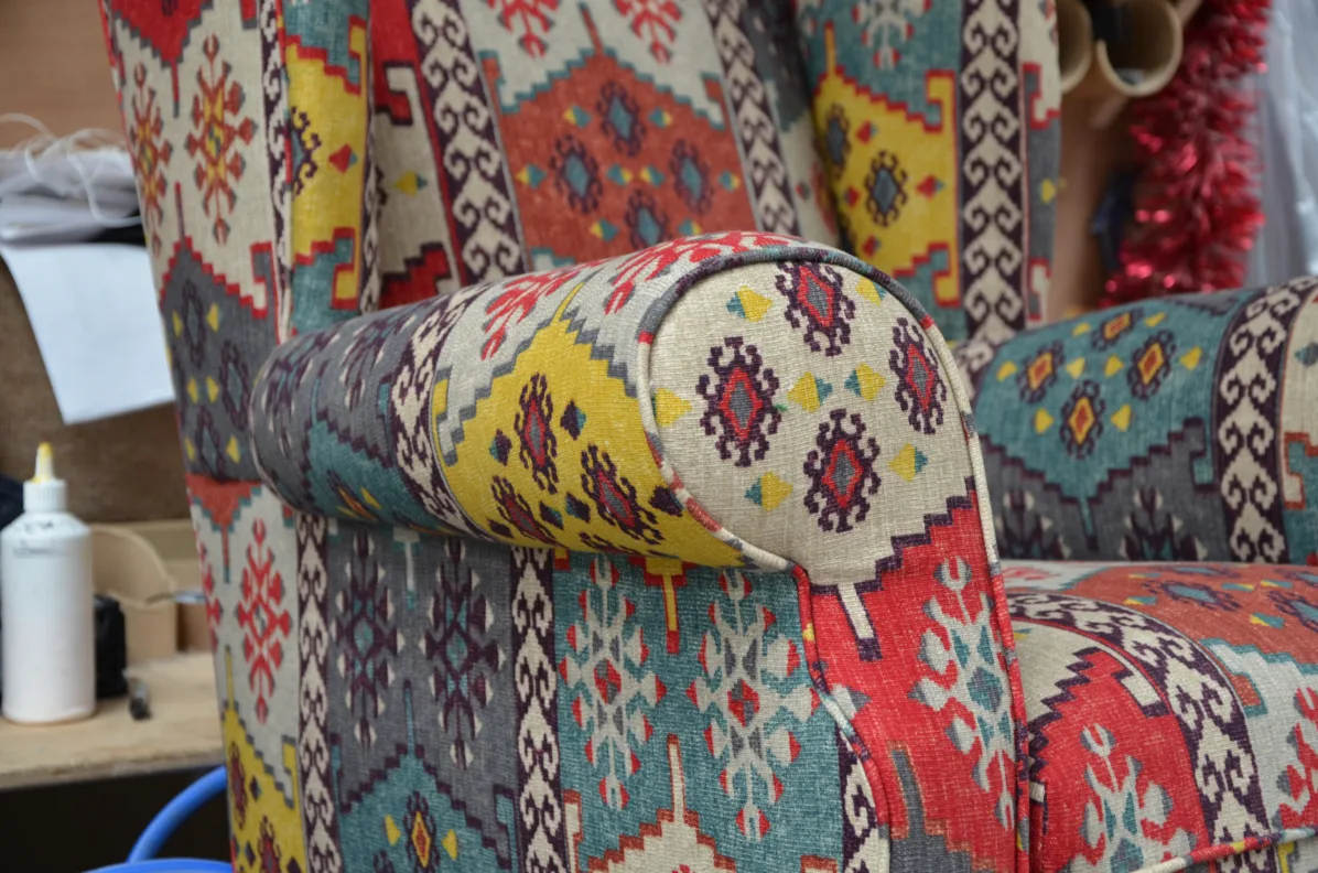 Armchair reupholstery featuring Anthropology Fabric by Warwick