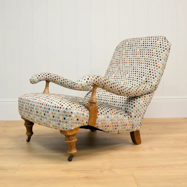 Laidback Armchair Reupholstered In a Patterned Cut Velvet Fabric