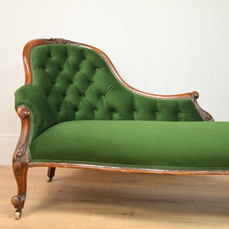 Reupholstered Antique Chaise Longue in a Green Velvet