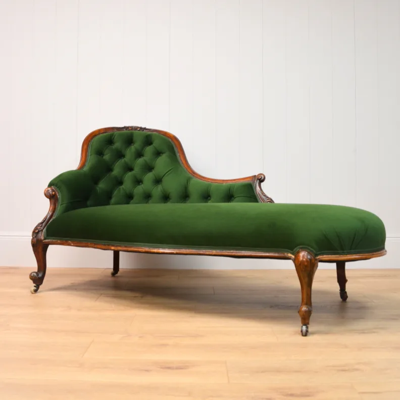 Reupholstered Antique Chaise Longue in a Green Velvet