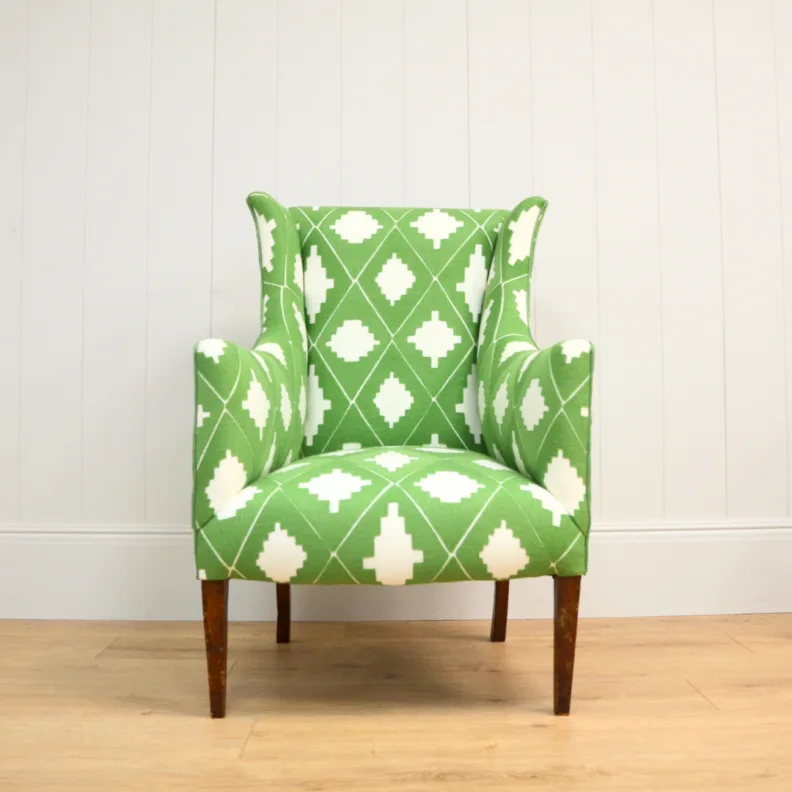 Lovely Shaped Armchair Reupholstered in a Green Sanderson Fabric