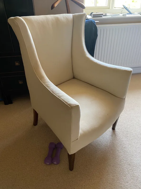 Lovely Shaped Armchair Reupholstered in a Green Sanderson Fabric