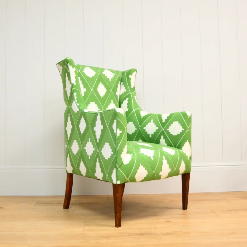 Lovely Shaped Armchair Reupholstered in a Green Sanderson Fabric
