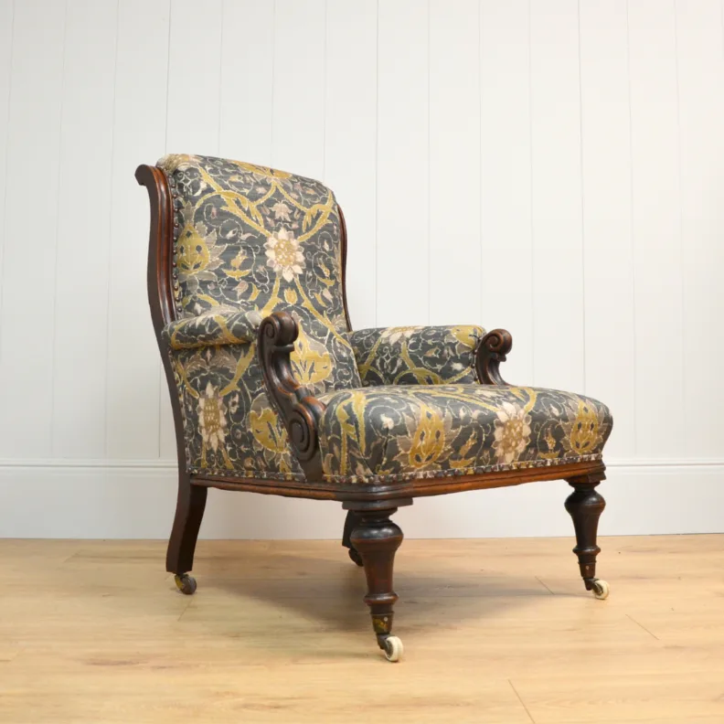 Reupholstered Armchair in William Morris Fabric With Studding