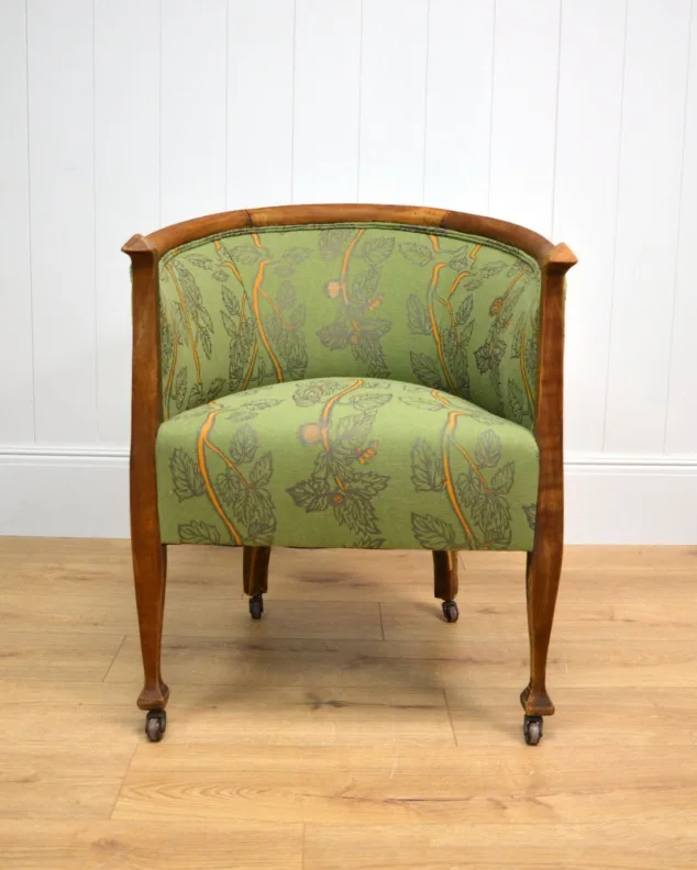 Wooden Tub Chair Recovered in a Green Linen