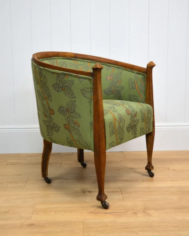 Wooden Tub Chair Recovered in a Green Linen
