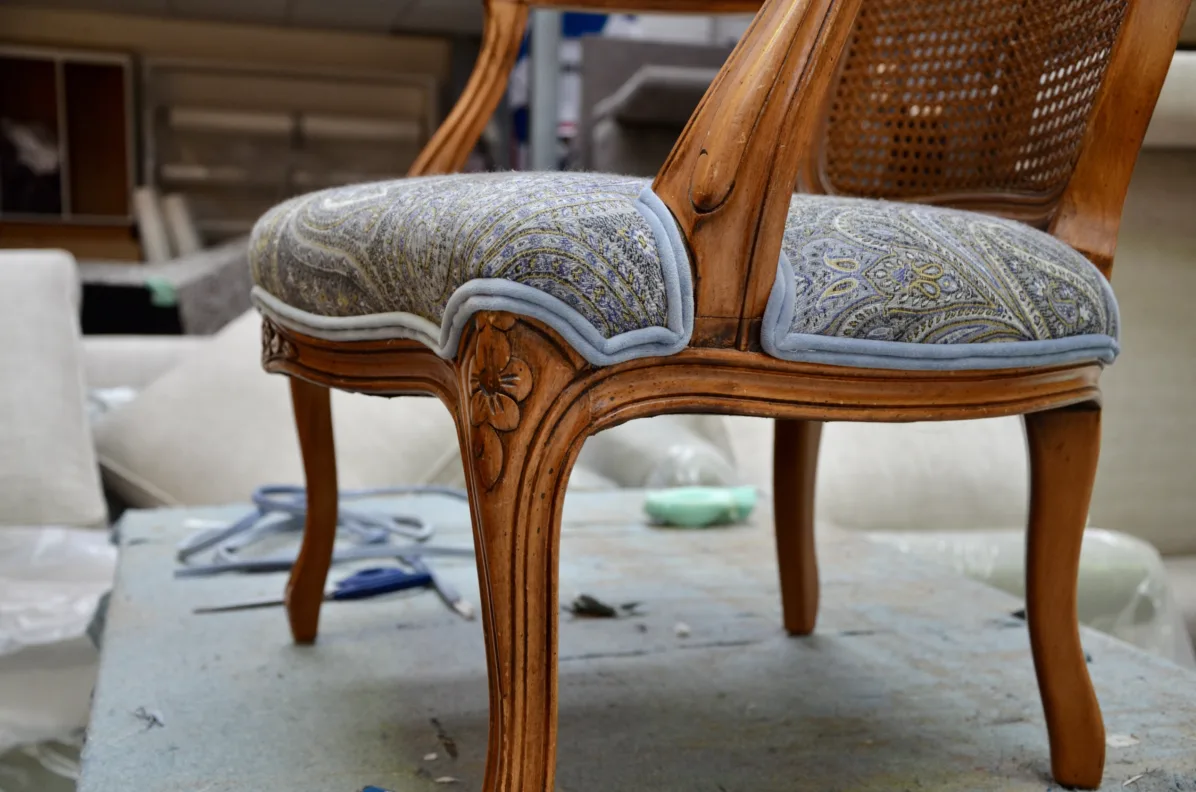 Rattan Chair Reupholstery Using Anastasia, Amber Marine Fabric by de Le Cuona