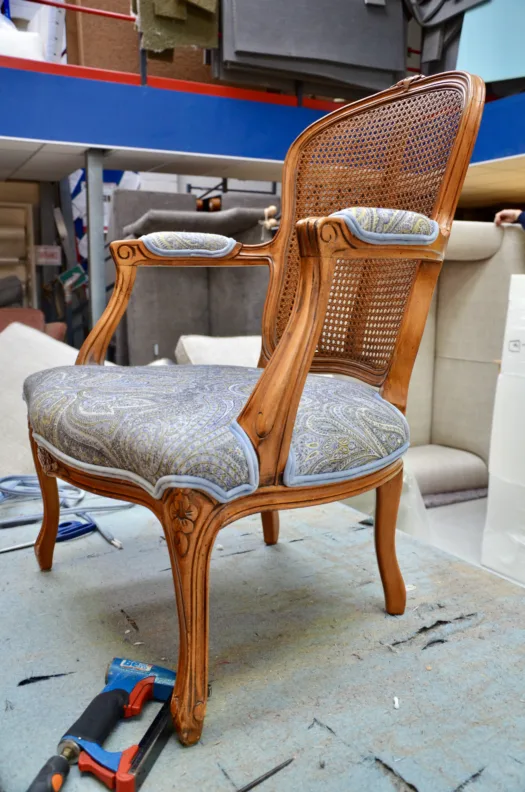 Rattan Chair Reupholstery Using Anastasia, Amber Marine Fabric by de Le Cuona