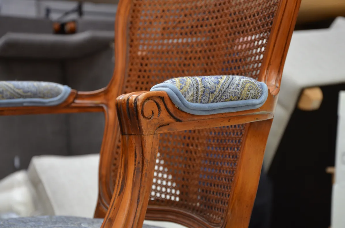 Rattan Chair Reupholstery Using Anastasia, Amber Marine Fabric by de Le Cuona